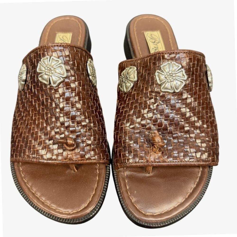 Brighton Womens Brown Woven Leather Floral Concho Slide Sandals Size 6.5M